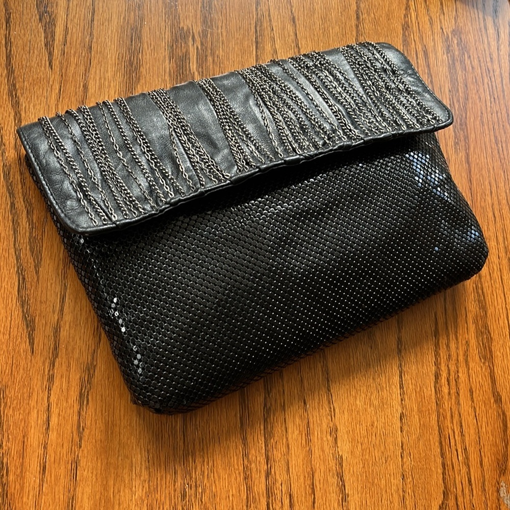 Whiting and Davis Black Leather and Mesh Clutch Shoulder Bag.